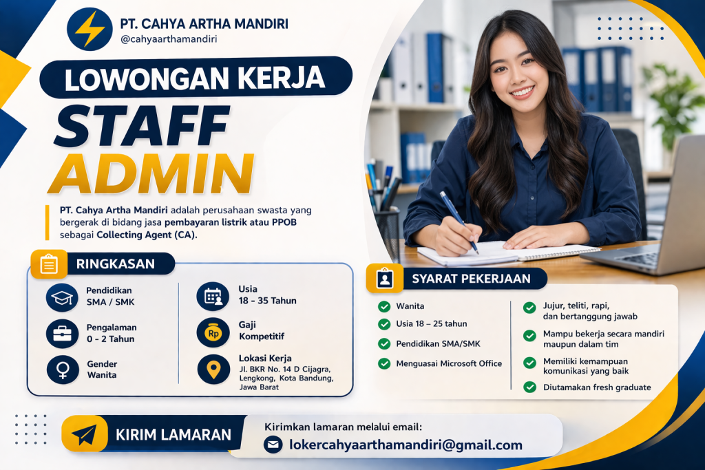 Lowongan Kerja Staff Admin 2026 – PT Cahya Artha Mandiri Bandung (Fresh Graduate Welcome)