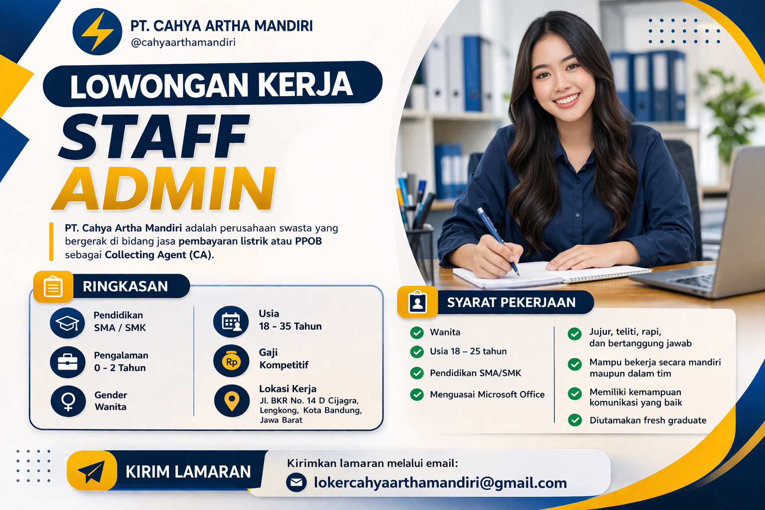 Lowongan Kerja Staff Admin 2026 – PT Cahya Artha Mandiri Bandung (Fresh Graduate Welcome)